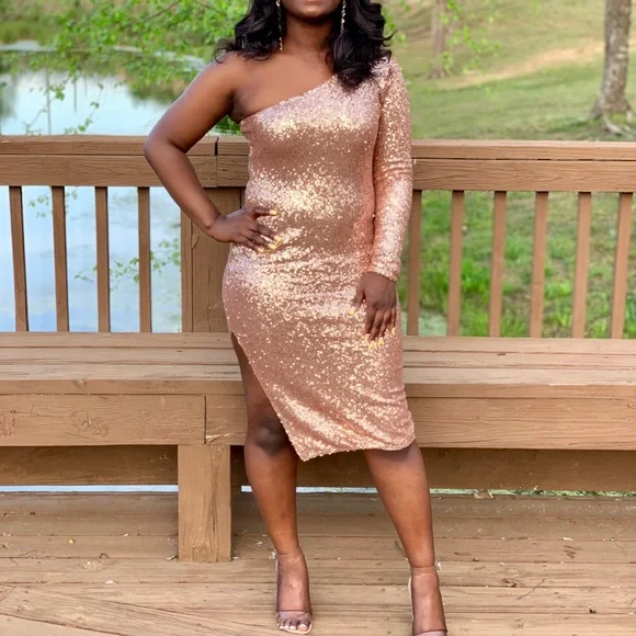 Dresses | Champagne One Sleeve Sequin Dress | Poshmark